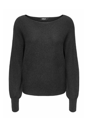 Tumehall ribakudumitega sviiter, millel on lai kaelus ja pikad, veidi puffi varrukad. Pehme tekstuur, pühas disain, ilma nähtavate mustrite või aktsendita.