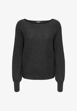 Tumehall ribakudumitega sviiter, millel on lai kaelus ja pikad, veidi puffi varrukad. Pehme tekstuur, pühas disain, ilma nähtavate mustrite või aktsendita.