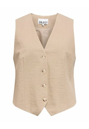 Beige ermeløs vest med V-hals, fire knapper nedover fronten, og en lett spisset kant nederst.