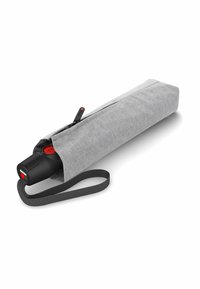 Compact gray umbrella case with a zipper, featuring a black handle and strap. The handle includes a red button for easy opening.