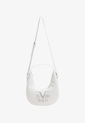 Witte schoudertas van imitatieleer met afgeronde vorm, verstelbare riem en metalen logo met de tekst "1969 ITALIA" aan de voorkant.