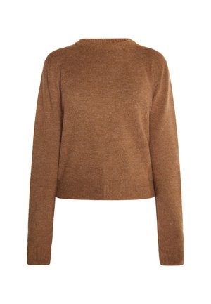 Hnědý pletený svetr s dlouhými rukávy, kulatým výstřihem a zkráceným střihem. Měkká textura s jemným melírovaným vzorem.