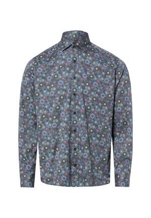 Langärmliges Hemd mit Knopfleiste, blauem Grundton und dichtem Blumenmuster in Rosa, Weiß und Olivgrün.