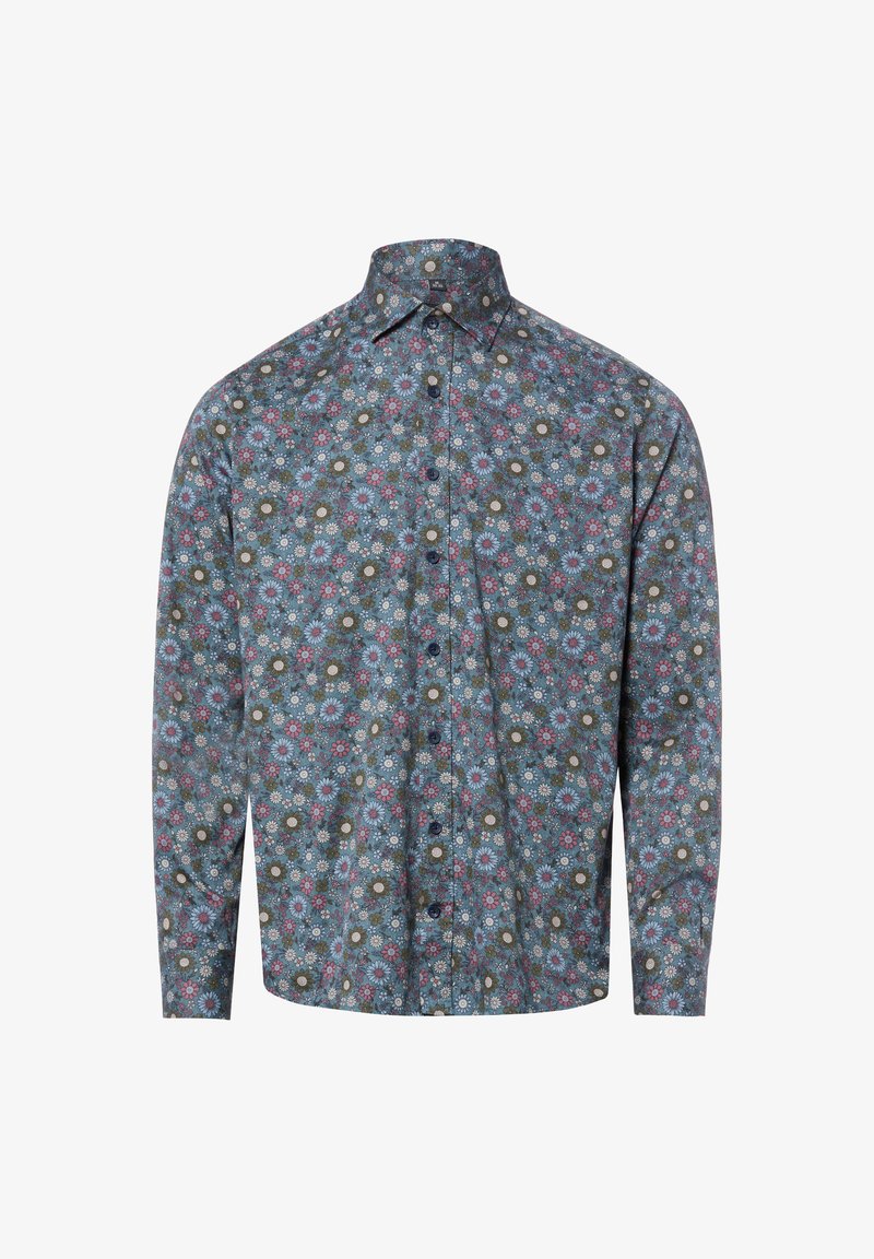 Koszula na guziki z długim rękawem, o niebieskim tle i gęstym kwiatowym wzorze w kolorach różowym, białym oraz oliwkowozielonym.