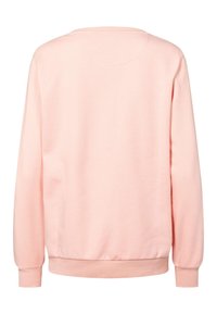 Světlounce růžová mikina s kulatým výstřihem, žebrovanými manžetami a lemem. Hladká bavlněná látka s jednoduchým designem, zobrazuje pohled zezadu.