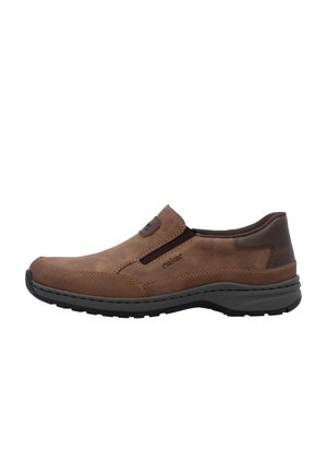 Brown leather slip-on shoe with elastic side panels, rounded toe, and contrasting dark brown accents. Textured surface and rubber sole.