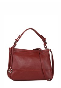 Rode leren handtas met een gestructureerde afwerking, dubbele handgrepen en een afneembare schouderriem. Beschikt over zilverkleurige hardware en een ritssluiting.