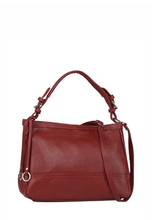 Rote Lederhandtasche mit strukturiertem Finish, doppelten Griffen und einem abnehmbaren Schultergurt. Verfügt über silberne Hardware und einen Reißverschluss.