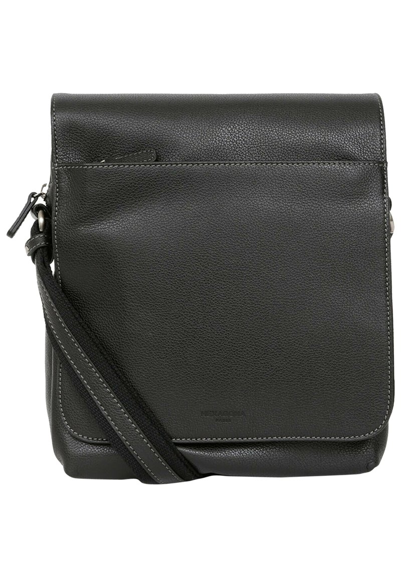 Borsa a tracolla nera in pelle con finitura texturizzata, patta superiore, tracolla regolabile e tasca frontale con zip. Dettagli di cucitura lungo i bordi.