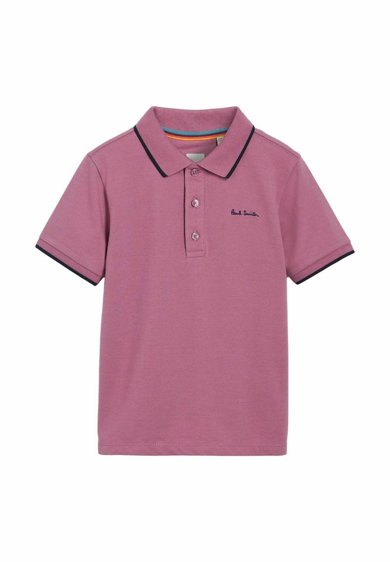 Kortærmet polo skjorte i blød lavendel bomuld, med krave, tre-knaps placket, kontrasterende marineblå kant og broderet logo.