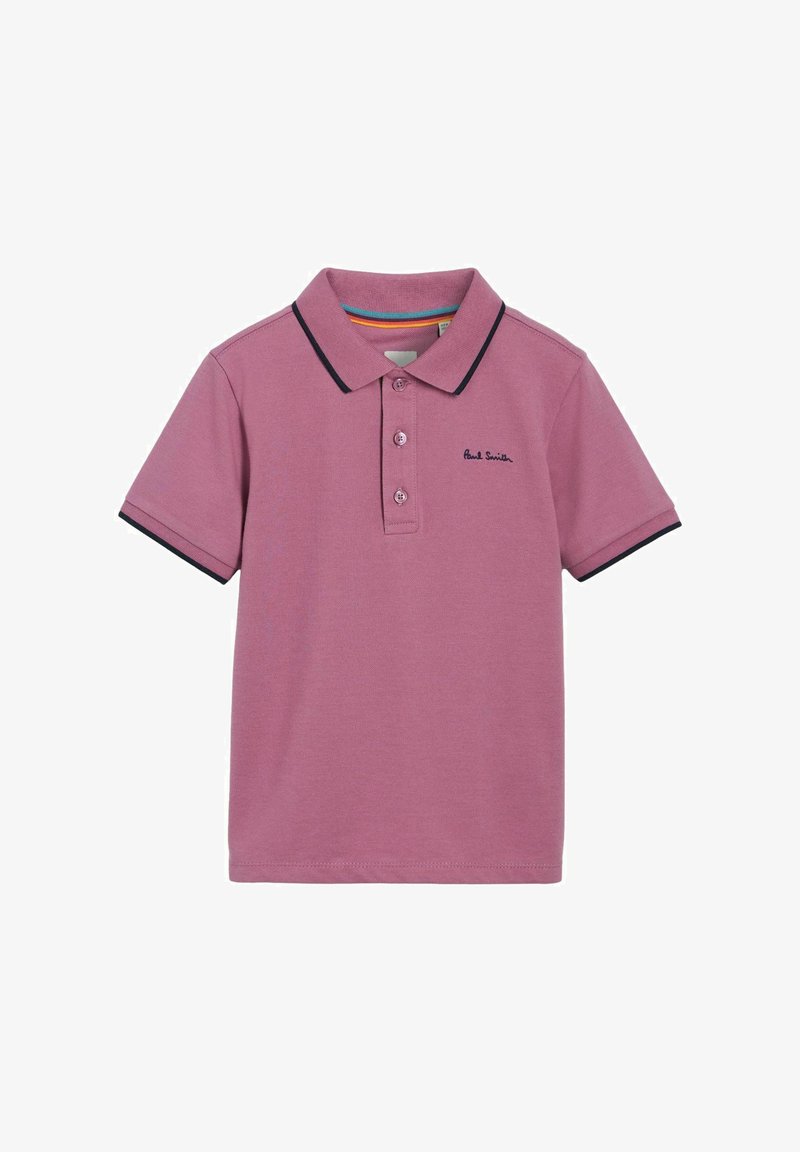 Kortærmet polo skjorte i blød lavendel bomuld, med krave, tre-knaps placket, kontrasterende marineblå kant og broderet logo.