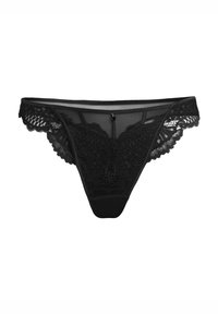 Zwarte kanten string met doorschijnende panelen, golvende randen en een gladde stof tailleband. Heeft een gedetailleerd bloemenkantpatroon aan de voorkant.