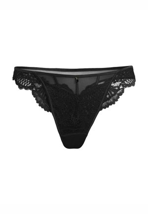 Perizoma in pizzo nero con pannelli trasparenti, bordi smerlati e fascia in tessuto liscia in vita. Presenta un intricato motivo floreale in pizzo sulla parte anteriore.