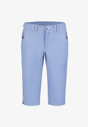 Shorts bleu clair mi-genoux avec passants pour ceinture, bouton frontal, braguette zippée, et poches latérales zippées avec tirettes rondes.