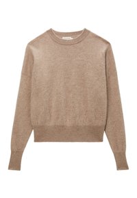 Pull en tricot beige avec un col rond, des épaules abaissées et des manches longues. Texture douce avec des poignets et un ourlet côtelés.