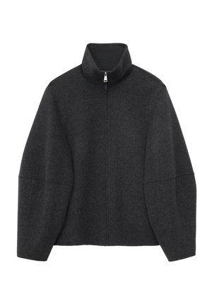 Dark gray wool zip-up jacket with high collar and long sleeves, shown flat on white background.