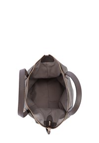 Szara torebka z gładką powierzchnią, złotym zamkiem błyskawicznym i tkaninowym wnętrzem. Posiada podwójne uchwyty oraz przestronną komorę ułatwiającą dostęp.