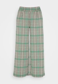 Pantalons à jambe large avec taille haute et motif tartan vert, noir et blanc, présentés sur un fond clair uni.
