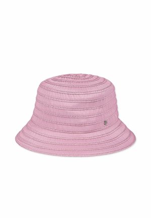Light pink fabric bucket hat with stitched horizontal lines and a small metal logo on the side, shown against a white background.