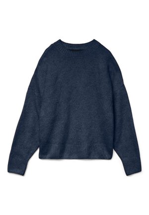 Navy blue crewneck sweater with long sleeves and ribbed cuffs and hem, made of soft knitted fabric.