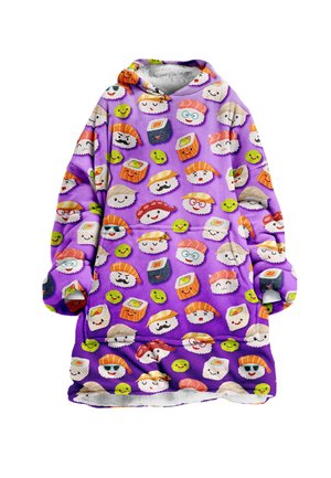 Paarse fleece hoodie deken met cartoon sushi en lachende gezichten. Zachte textuur met een ruime pasvorm en een grote voorzak.