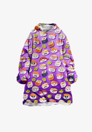 Paarse fleece hoodie deken met cartoon sushi en lachende gezichten. Zachte textuur met een ruime pasvorm en een grote voorzak.