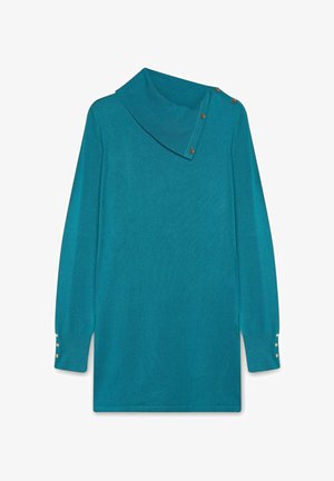 Pulover tricotat teal, cu guler pliat, având patru butoane decorative pe guler și trei butoane la fiecare mansetă pentru detaliu.