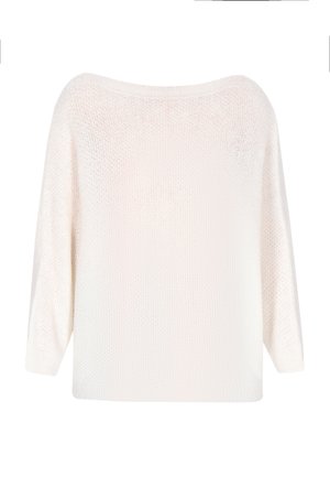 White knitted sweater with a loose, wide neckline and three-quarter sleeves. Textured pattern throughout the fabric, lightweight and breathable.