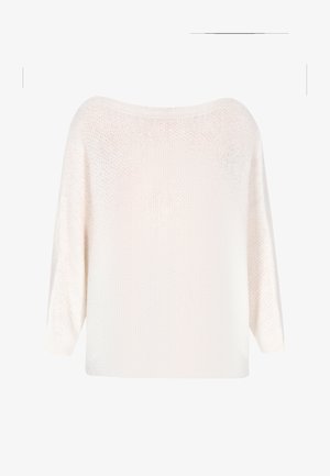 White knitted sweater with a loose, wide neckline and three-quarter sleeves. Textured pattern throughout the fabric, lightweight and breathable.