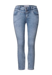 Lichtblauwe denim skinny jeans met een midden-hoge taille, sluiting met twee knopen, vijf zakken en minimale vervaging voor een klassieke uitstraling.