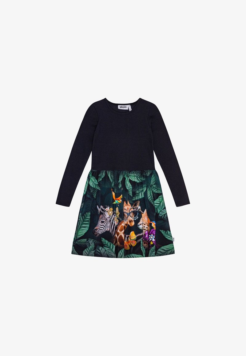 Robe à manches longues avec un haut sombre et une jupe à motifs animaux vibrants entourée de feuilles tropicales. Texture en coton, design à la longueur du genou.