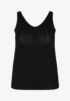 Black tank top with a V-neck, sleeveless design, ribbed texture, and supportive cups. Smooth fabric with no visible seams or embellishments.
