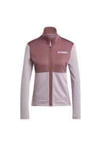 Lagana zip-up jakna s gornjim panelom u crvenkasto-smeđoj boji i donjim panelom u svijetlo sivoj boji. Glatka tekstura s bočnim džepovima, logo na prsima.