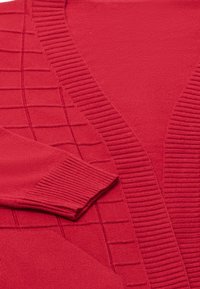 Roter Pullover mit einem strukturierten Muster auf einer Seite und Rippdetails. V-Ausschnitt-Design aus weichem Strickmaterial.