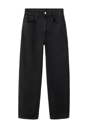 Jeans de mezclilla negra con corte recto, que cuentan con cinco bolsillos, una cremallera de botones y un diseño clásico. Textura suave con un acabado limpio.