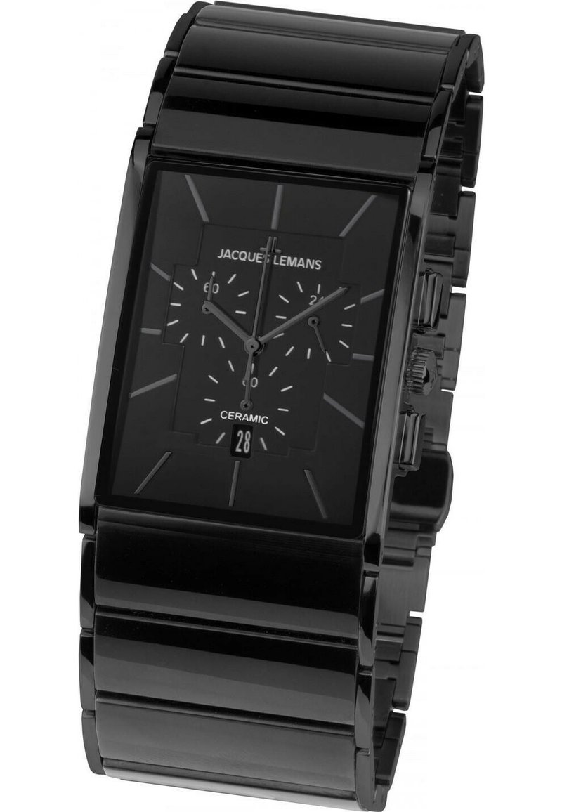 Schwarze Keramik-Uhr mit rechteckigem Zifferblatt, Chronographen-Subziffernblättern, silbernen Akzenten und einem Datumsfenster an der Unterseite.