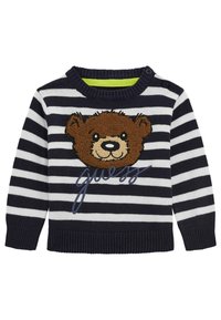Navy and white striped sweater featuring a brown teddy bear applique and "guess" embroidery, with ribbed cuffs and neckline.