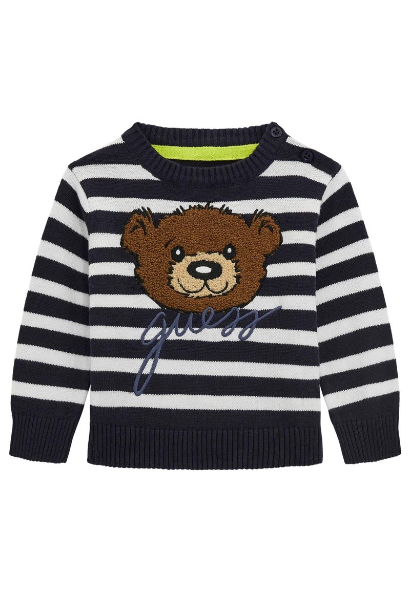 Navy and white striped sweater featuring a brown teddy bear applique and "guess" embroidery, with ribbed cuffs and neckline.