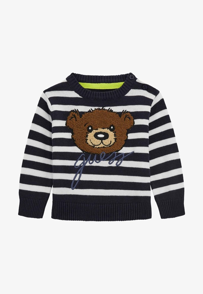 Navy and white striped sweater featuring a brown teddy bear applique and "guess" embroidery, with ribbed cuffs and neckline.