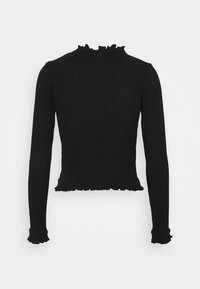 Svart långärmad topp med ribbad textur, flätad halslinning och manschetter. Kort modell med en åtsittande silhuett. Inga synliga mönster eller accenter.