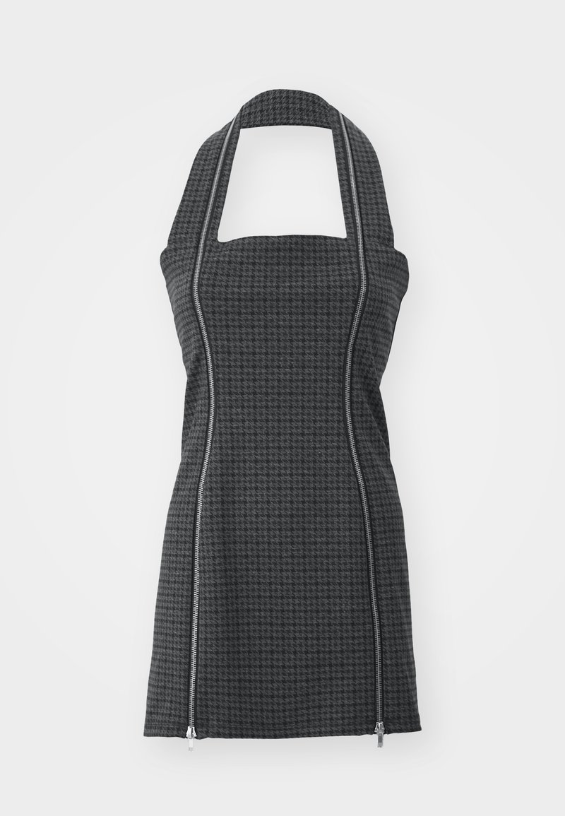 Zwarte en grijze gebloemde schort met halternek, vierkante halslijn, vooraan ritsdetails en een aansluitende vorm. Gemaakt van gestructureerde stof.