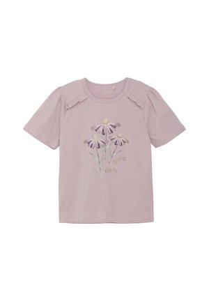 Lavendel kortärmad t-shirt med volanger på axlarna, prydd med broderade prästkragar och texten "Good Vibes" i ljusguldssöm.