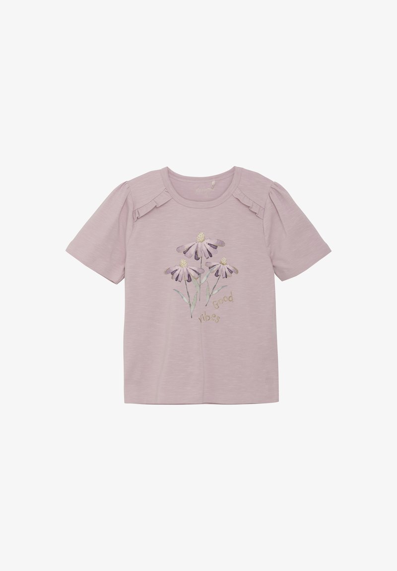 Lavendel kortærmet t-shirt med flæser på skuldrene, der har broderede tusindfryd og teksten "Good Vibes" i lys guldtråd.
