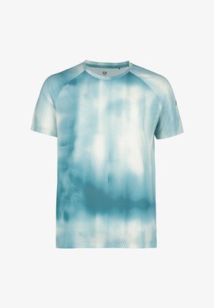 Camiseta de manga corta de color azul claro con un patrón de olas y cuello redondo. Diseñada con una tela suave que absorbe la humedad para mayor comodidad.