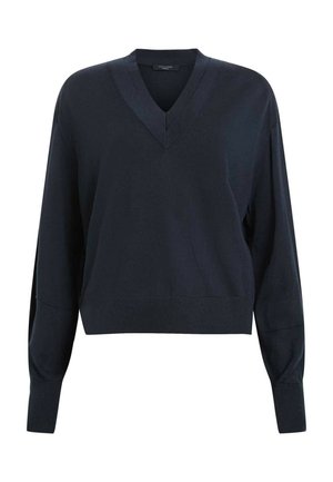 Granatowy sweter z miękkiej dzianiny, z dekoltem w serek, długimi rękawami i skróconym dołem z ribbingowymi mankietami i pasem w talii.
