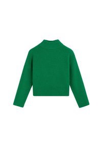 Suéter verde de punto con un cuello alto acanalado y mangas largas. Diseño corto y recortado con un patrón texturizado en toda la prenda.
