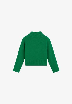 Suéter verde de punto con un cuello alto acanalado y mangas largas. Diseño corto y recortado con un patrón texturizado en toda la prenda.
