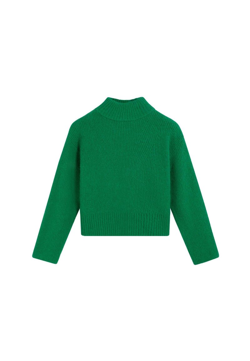 Suéter verde de punto con un cuello alto acanalado y mangas largas. Diseño corto y recortado con un patrón texturizado en toda la prenda.