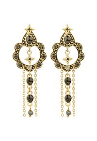 Boucles d'oreilles dorées avec un design floral, ornées de gemmes noires et de chaînes en cascade. Des accents texturés et des formes en goutte d'eau ajoutent du détail.