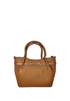 Borsa a mano in pelle marrone texturizzata con manici intrecciati e targhetta con logo del marchio in tonalità oro posizionata al centro nella parte superiore anteriore.